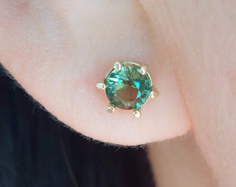 Moldavite Stud Earrings: Czech Gemstone, 22K Gold Plated Sterling Silver