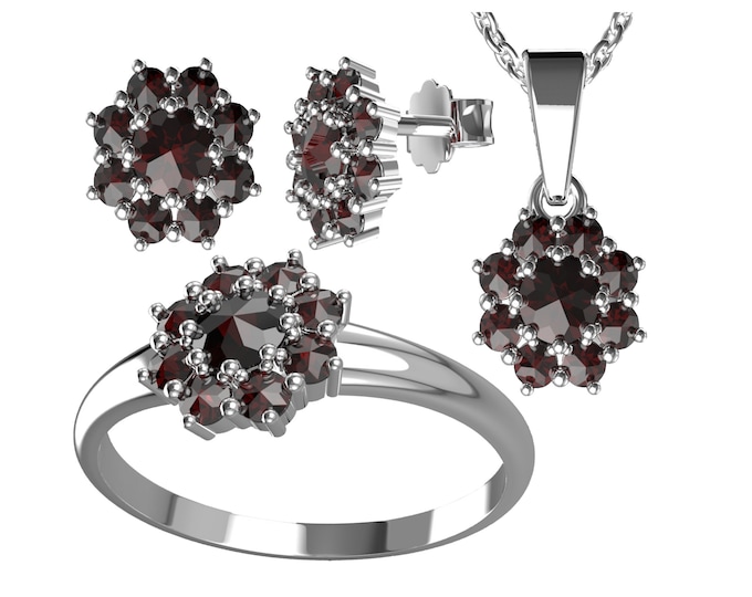 Set of silver jewelry with garnet January birthstone ring, pendant and earrings with natural red Czech pyrope certificate authenticity