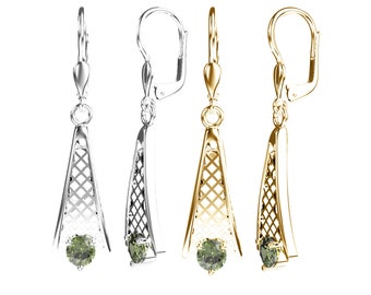 Dangle Earrings comet with faceted round Czech meteorite moldavite 925 Sterling Silver 22 K, 585 White Gold 14 K, 585 Yellow Gold 14 K