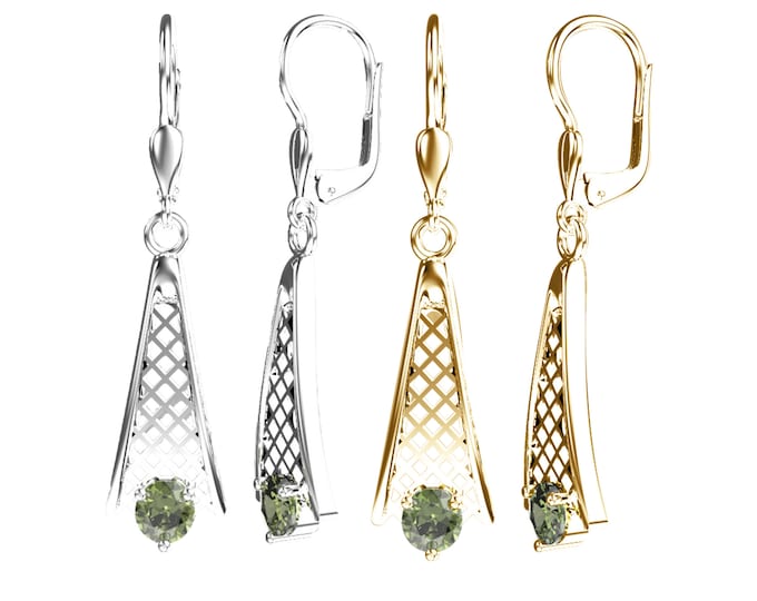 Dangle Earrings comet with faceted round Czech meteorite moldavite 925 Sterling Silver 22 K, 585 White Gold 14 K, 585 Yellow Gold 14 K
