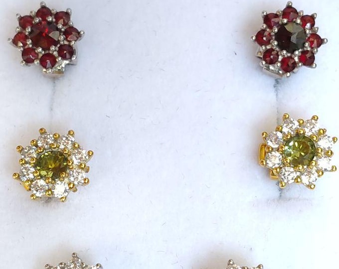 Moldavite Stud Earrings 925 Silver, Real Czech Vltavin and Bohemian Garnet Cluster, Green Tektite Studs, Vintage Gift for Her