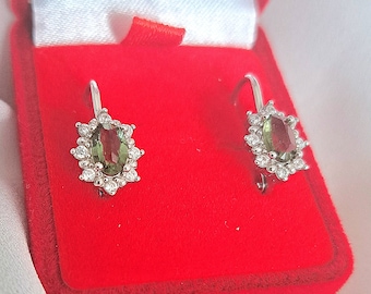 Sterling Silver Moldavite Earrings with Zircons: Czech Vltavin Certificate