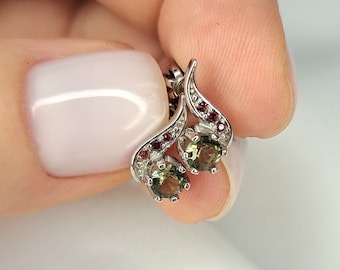 Sterling Silver Moldavite & Garnet Earrings: Czech Gemological Certified