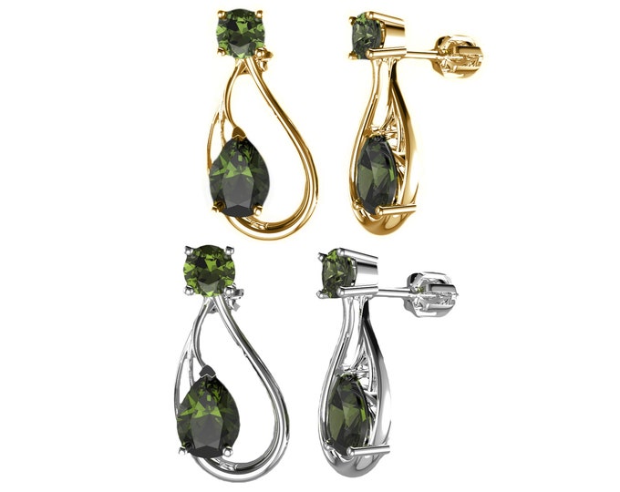 Earrings Aphrodite with natural moldavites in white and yellow gold 925 Sterling Silver 22 K, 585 White Gold 14 K, 585 Yellow Gold 14 K