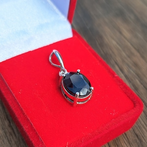 Silver oval sapphire pendant Deep dark blue natural gemstone