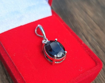 Silver oval sapphire pendant Deep dark blue natural gemstone