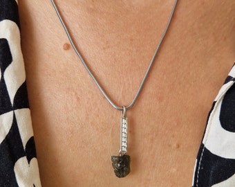 Moldavite silver pendant necklace with natural raw uncut real Czech meteorite moldavite - vltavin zirconia, certificate authenticity