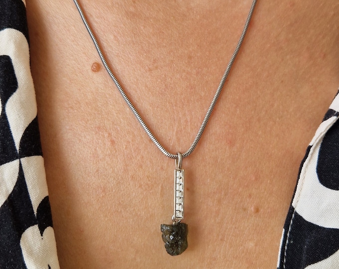 Moldavite silver pendant necklace with natural raw uncut real Czech meteorite moldavite - vltavin zirconia, certificate authenticity
