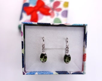 Faceted Moldavite silver earrings with oval shaped gemstone and white zircons certificated Czech green stone vltavin meteorite stone