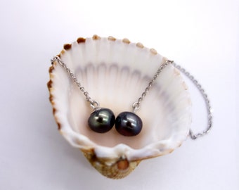 Black Pearl Silver Chain Earrings Dangle eardrop with beads Natural freshwater pearls gem