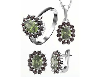 Moldavite Garnet Jewelry Set: Sterling Silver Ring, Earrings, Pendant
