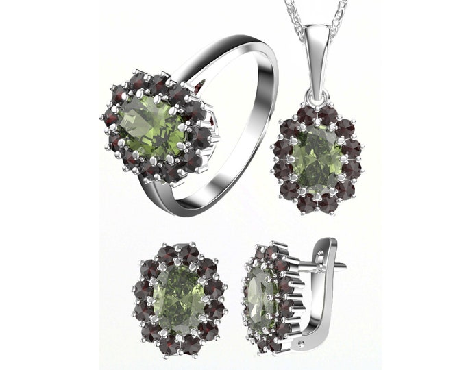 Set with faceted natural Czech certificated meteorite moldavite and garnets earrings pendant ring any size 6 7 8 Sterling Silver 22K luxury