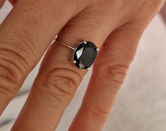Silver sapphire ring, Oval deep dark blue natural gemstone, sterling silver ring with dark sapphire, certificate authenticity
