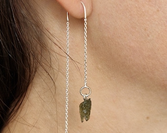 Threader moldavite earrings Silver dangle chain raw uncut earrings with moldavite - vltavin and cubic clear zircon certificate authenticity