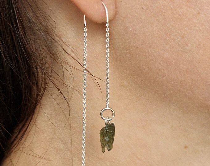 Threader moldavite earrings Silver dangle chain raw uncut earrings with moldavite - vltavin and cubic clear zircon certificate authenticity