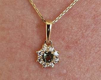 Yellow gold 585, 14K luxury pendant necklace Snowdrop with natural faceted Czech meteorite moldavite - vltavin zirconia, certificated