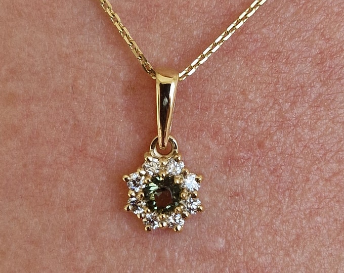 Yellow gold 585, 14K luxury pendant necklace Snowdrop with natural faceted Czech meteorite moldavite - vltavin zirconia, certificated
