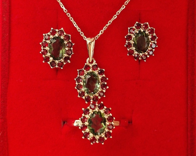 Set with faceted natural Czech moldavite and garnets earrings pendant ring any size 6 7 8 Sterling Silver 22K, White Yellow Gold 14K, 585