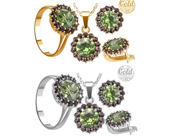 Moldavite Garnet Jewelry Set: Sterling Silver Ring, Earrings, Pendant
