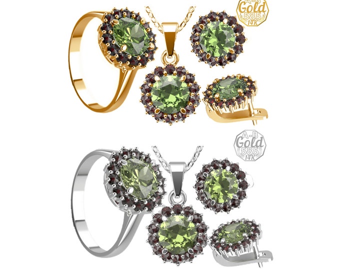Jewelry with faceted natural Czech moldavite and garnets earrings pendant ring size 6 7 8 Sterling Silver 22 K, White Yellow Gold 14 K, 585
