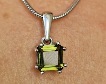 Silver Moldavite Pendant: Square Faceted Vltavin Tektite, Certificate
