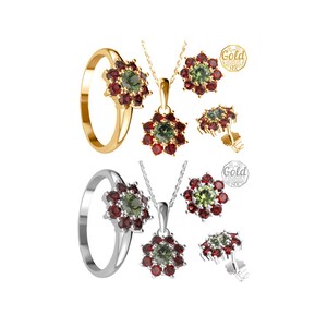 Jewelry set with faceted Czech moldavite and garnets earrings pendant ring size 6 7 8 Sterling Silver 22 K, White Gold 14 K, 585 Yellow Gold