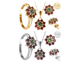 Jewelry set with faceted Czech moldavite and garnets earrings pendant ring size 6 7 8 Sterling Silver 22 K, White Gold 14 K, 585 Yellow Gold