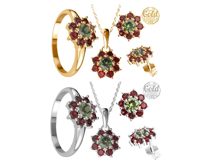 Jewelry set with faceted Czech moldavite and garnets earrings pendant ring size 6 7 8 Sterling Silver 22 K, White Gold 14 K, 585 Yellow Gold