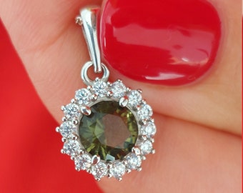 Moldavite Pendant Necklace: Sterling Silver Green Sun Gemstone
