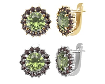 Garnet & Moldavite Sterling Silver Earrings: 14K Gold Accents