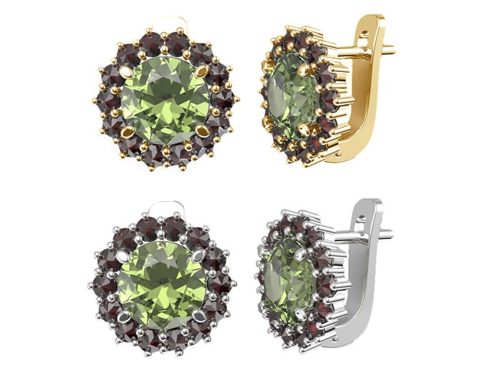 Earrings with natural garnets and moldavite in white and yellow gold 925 Sterling Silver 22 K, 585 White Gold 14 K, 585 Yellow Gold 14 K
