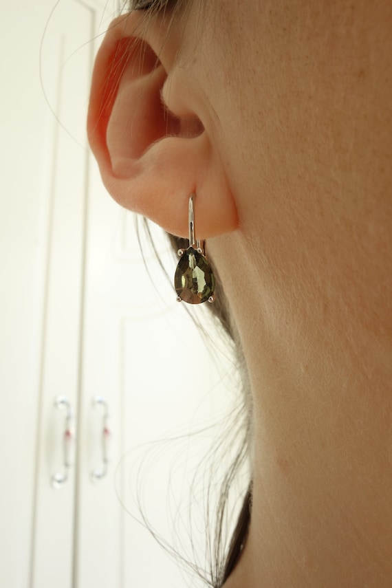 Faceted Moldavite Sterling Silver Drop Earrings: Czech Meteorite Stone