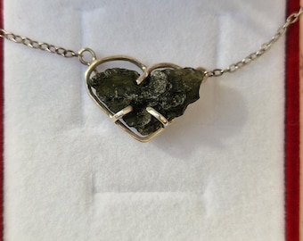 Raw Moldavite Pendant Necklace: Sterling Silver, Czech Meteorite