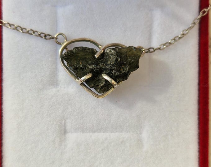 Raw Moldavite Pendant Necklace: Sterling Silver, Czech Meteorite