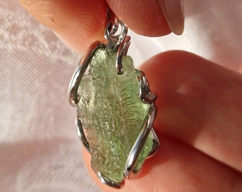 Silver Moldavite Pendant/ genuine natural Moldavite tektite / big Piece Raw Moldavite, certificated Czech real moldavite, handmade jewelry