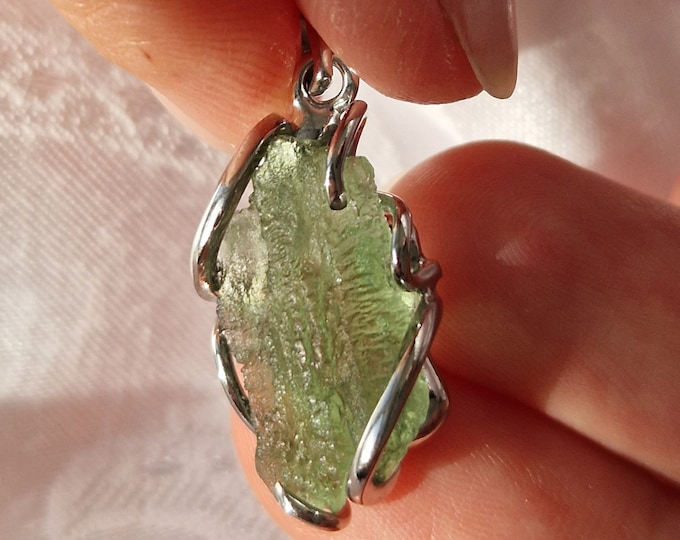 Silver Moldavite Pendant/ genuine natural Moldavite tektite / big Piece Raw Moldavite, certificated Czech real moldavite, handmade jewelry