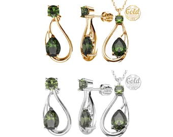 Jewelry set with drop pear facet Czech moldavite vltavin earrings pendant certificated Sterling Silver 925 22K, White yellow Gold 14K 585
