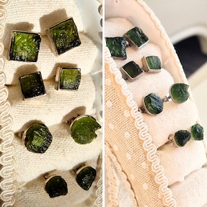 Silver moldavite earrings studs, raw uncut Czech tecktite gem vltavin, certificate authenticity, sterling silver original moldavite