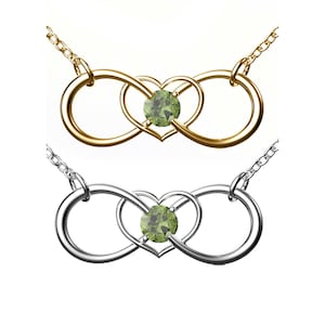 Necklace infinity in the shape of a heart with natural Czech moldavite 925 Sterling Silver 22 K, 585 White Gold 14 K, 585 Yellow Gold 14 K