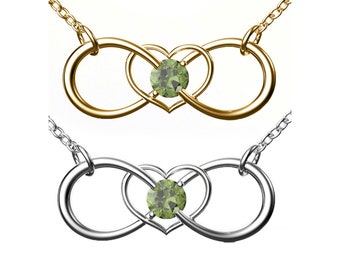 Moldavite Heart Infinity Necklace: Sterling Silver, 14K Gold