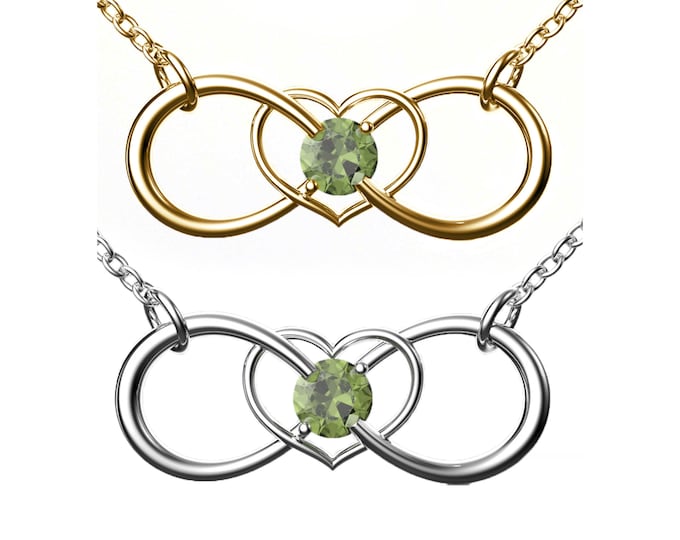 Necklace infinity in the shape of a heart with natural Czech moldavite 925 Sterling Silver 22 K, 585 White Gold 14 K, 585 Yellow Gold 14 K