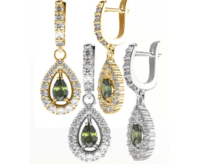 Dangle Earrings Queen with faceted drop pear Czech meteorite moldavite 925 Sterling Silver 22 K, 585 White Gold 14 K, 585 Yellow Gold 14 K