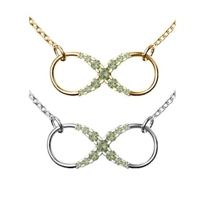 Necklace infinity with faceted natural Czech meteorite moldavite 925 Sterling Silver 22 K, 585 White Gold 14 K, 585 Yellow Gold 14 K
