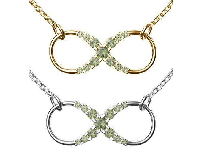 Necklace infinity with faceted natural Czech meteorite moldavite 925 Sterling Silver 22 K, 585 White Gold 14 K, 585 Yellow Gold 14 K