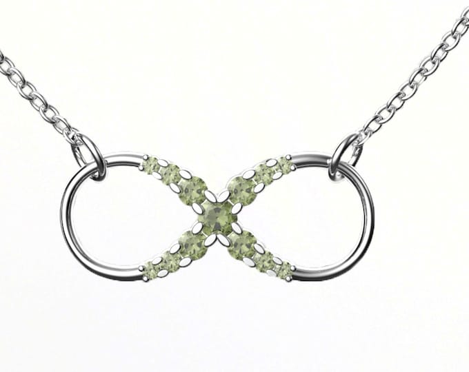 Sterling Silver Infinity Necklace: Czech Moldavite Green Meteorite