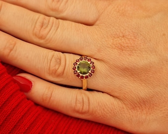 Ring with round Czech garnets and faceted small moldavite engagement ring Sterling Silver 22 K, 585 White Gold 14 K, 585 Yellow Gold 14 K