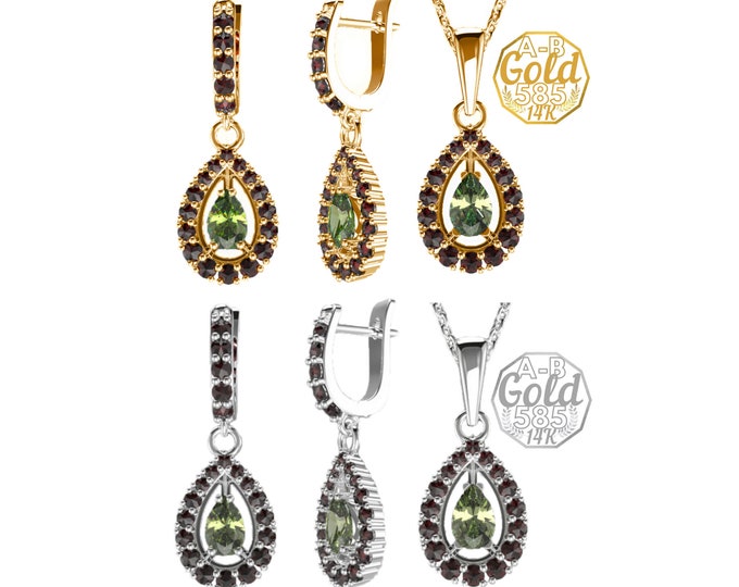 Set with faceted real natural meteorite Czech moldavite and garnets earrings pendant ring Sterling Silver 22K, White yellow Gold 14K 585