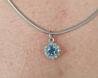 Silver topaz pendant with cubic zirconia and natural round topaz Swiss Blue Tiny necklace, certificate authenticity
