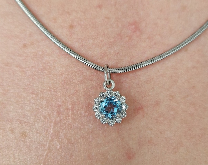 Silver topaz pendant with cubic zirconia and natural round topaz Swiss Blue Tiny necklace, certificate authenticity