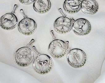 Zodiac Necklace with Czech Moldavite, 925 Sterling Silver Star Sign Pendant, Horoscope Astrology Gift, All 12 Signs, No Chain